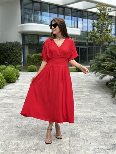 Kırmızı Yarasa Kol Kruvaze Yaka  Aerobin Kadın Elbise 