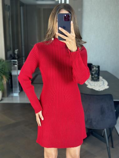 Kırmızı Yarım Balıkçı Fitilli Triko Kadın Çan Elbise