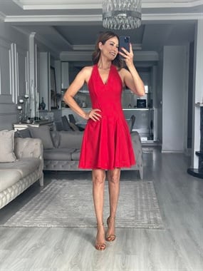 Kırmızı Yüzücü Yaka Volanlı Kısa Kadın Elbise 