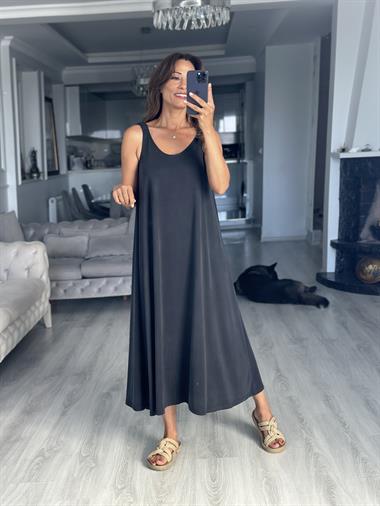 Koyu Antrasit Askıları Lastikli U Yaka Modal Midi Boy Kadın Elbise