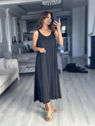 Koyu Antrasit Askıları Lastikli U Yaka Modal Midi Boy Kadın Elbise