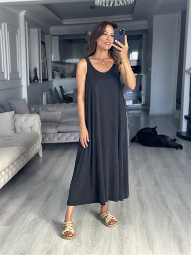 Koyu Antrasit Askıları Lastikli U Yaka Modal Midi Boy Kadın Elbise