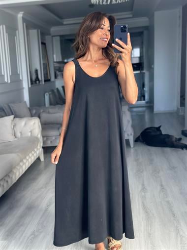 Koyu Antrasit Askıları Lastikli U Yaka Modal Midi Boy Kadın Elbise