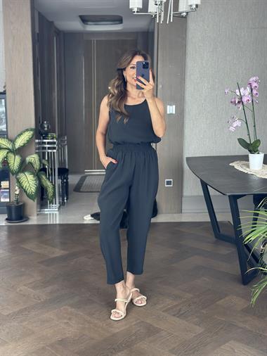 Koyu Antrasit Bisiklet Yaka Sıfır Kol Bluz Pantolon Tnsl Alt Üst Takım