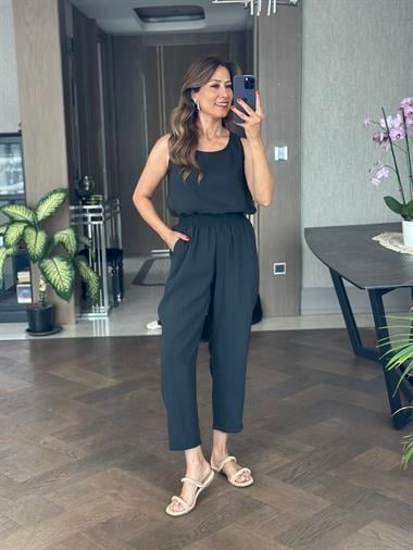 Koyu Antrasit Bisiklet Yaka Sıfır Kol Bluz Pantolon Tnsl Alt Üst Takım