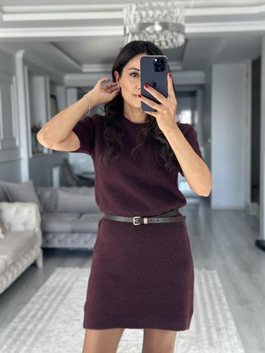 Mürdüm Bisiklet Yaka Kısa Kol Yumuşak Dokulu Kadın Triko Elbise