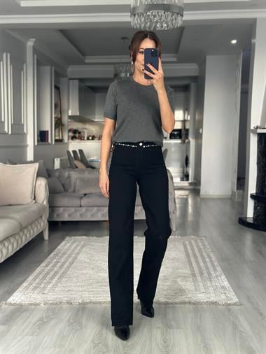 Koyu Füme Bisiklet Yaka Kısa Kol Basic Kadın Triko Bluz