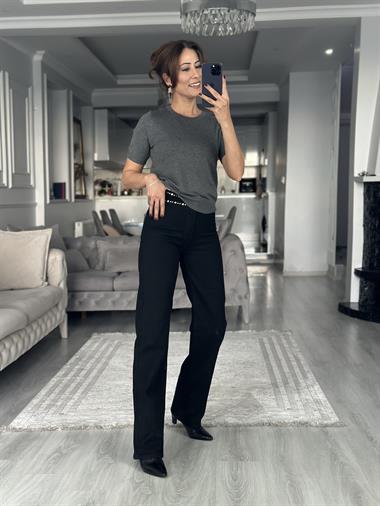 Koyu Füme Bisiklet Yaka Kısa Kol Basic Kadın Triko Bluz