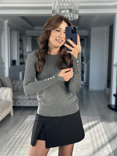 Koyu Füme Bisiklet Yaka Kol Ucu Düğme Detay Kadın Triko Kazak