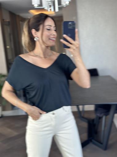 Koyu Füme Ön Arka V Yaka Kısa Yarasa Kol Kadın T-Shirt