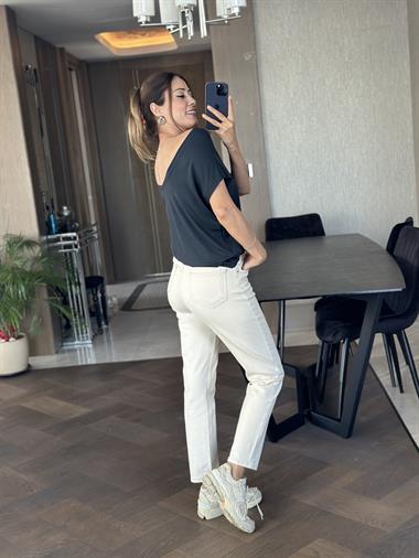 Koyu Füme Ön Arka V Yaka Kısa Yarasa Kol Kadın T-Shirt