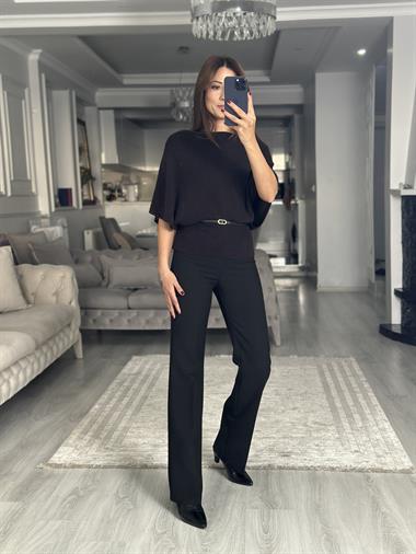Koyu Kahve Kayık Yaka Yarasa Kol Kemerli Kadın Triko Kazak
