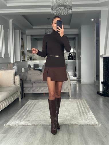 Koyu Kahve Kemerli Balıkçı Yaka Kaşmir Karışımlı Kadın Kazak