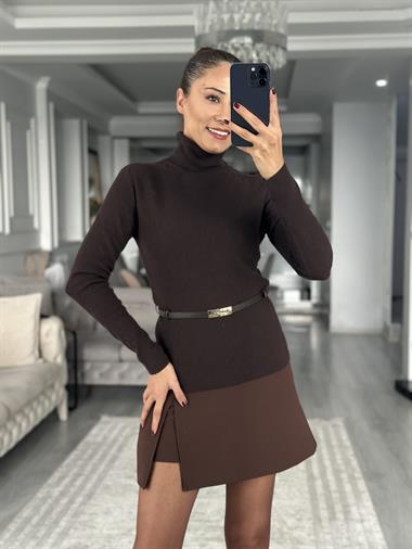 Koyu Kahve Kemerli Balıkçı Yaka Kaşmir Karışımlı Kadın Kazak