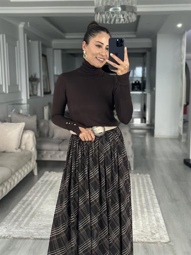 Koyu Kahverengi Balıkçı Yaka Kolu Droplu Kadın Triko Kazak