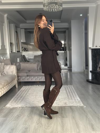 Koyu Kahverengi Kruvaze Kemerli Yün Karışımlı Kadın Triko Hırka 