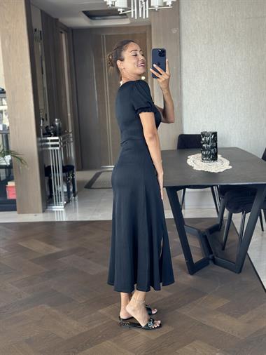 Koyu Lacivert Fitilli Örme Kumaş Prenses Kol Yırtmaçlı Kadın Elbise