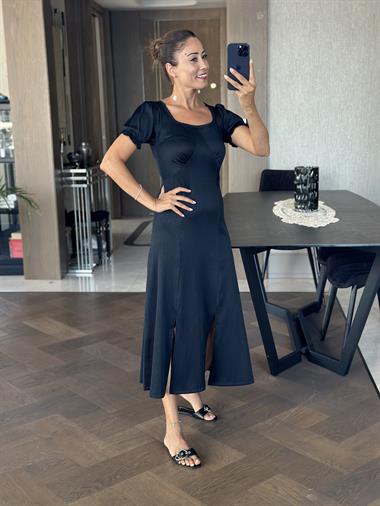 Koyu Lacivert Fitilli Örme Kumaş Prenses Kol Yırtmaçlı Kadın Elbise