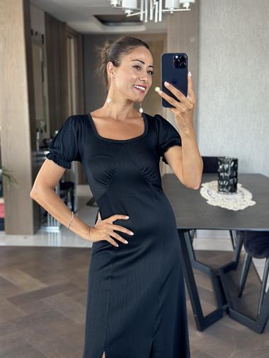 Koyu Lacivert Fitilli Örme Kumaş Prenses Kol Yırtmaçlı Kadın Elbise