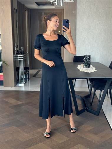 Koyu Lacivert Fitilli Örme Kumaş Prenses Kol Yırtmaçlı Kadın Elbise