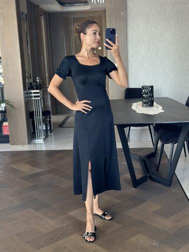 Koyu Lacivert Fitilli Örme Kumaş Prenses Kol Yırtmaçlı Kadın Elbise