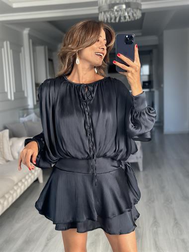 Koyu Lacivert İpek Saten İçi Şortlu Tasarım Kadın Elbise