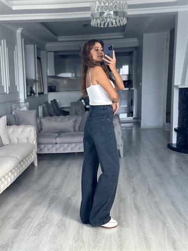Koyu Lacivert Lacarino Wide Leg Paçası Dikişli Kadın Jean Pantolon