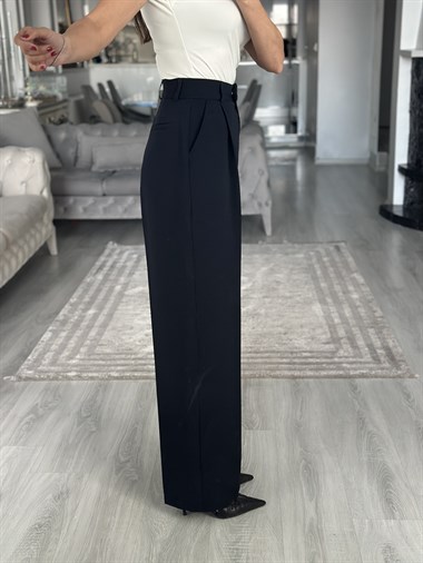 Koyu Lacivert Premium Dökümlü Kumaş Kadın Pantolon 