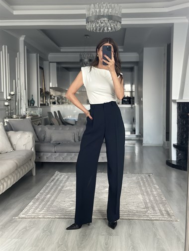 Koyu Lacivert Premium Dökümlü Kumaş Kadın Pantolon 