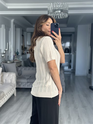 Krem Ajurlu Kısa Kollu Kadın Bluz