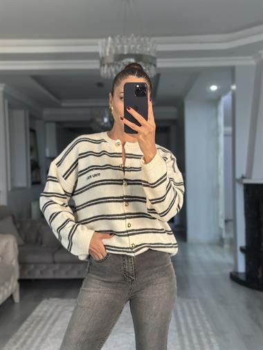 Krem Antrasit Şeritli Düğmeli Kadın Triko Hırka