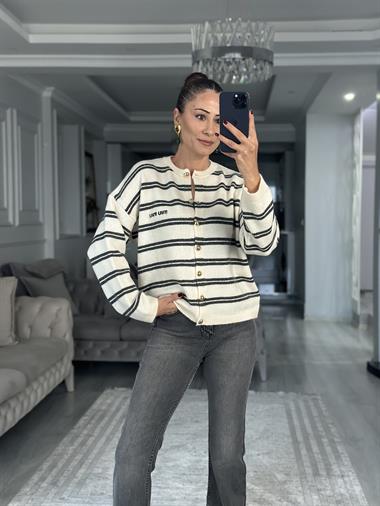 Krem Antrasit Şeritli Düğmeli Kadın Triko Hırka