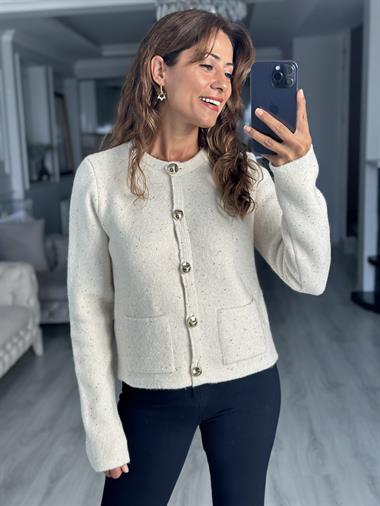 Krem Bisiklet Yaka Düğmeli Pullu Kadın Triko Hırka