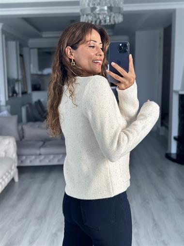 Krem Bisiklet Yaka Düğmeli Pullu Kadın Triko Hırka