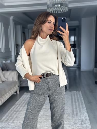 Krem Body Detaylı Birleşik Kadın Triko Hırka 