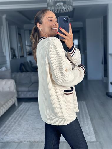 Krem Bordo Çizgili V Yaka Kadın Triko Hırka 