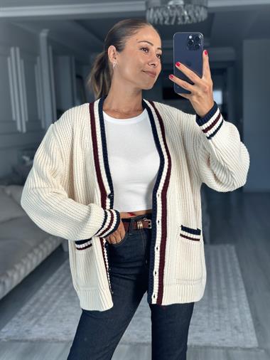 Krem Bordo Çizgili V Yaka Kadın Triko Hırka 