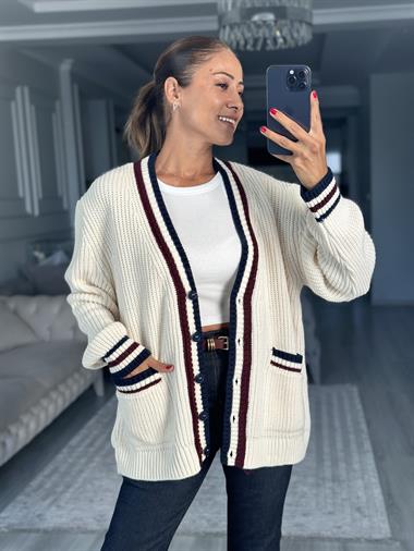 Krem Bordo Çizgili V Yaka Kadın Triko Hırka 