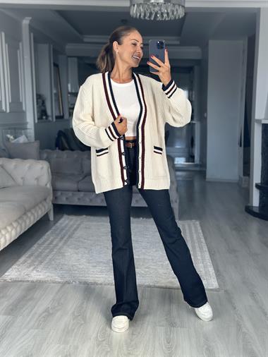 Krem Bordo Çizgili V Yaka Kadın Triko Hırka 