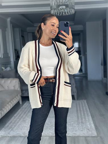 Krem Bordo Çizgili V Yaka Kadın Triko Hırka 