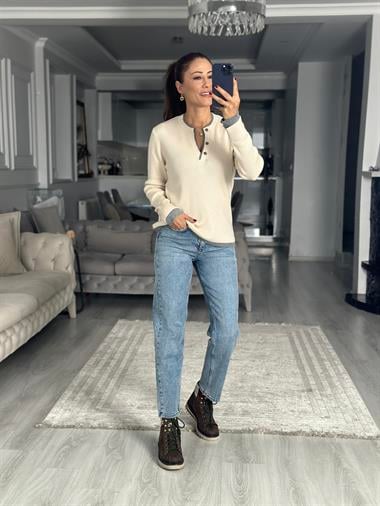 Krem Çift Renk Ribanalı Fitilli Kadın Triko Kazak