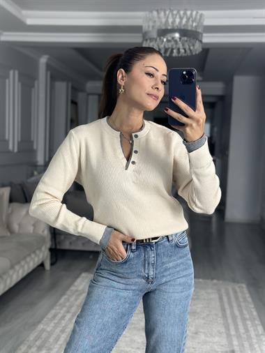 Krem Çift Renk Ribanalı Fitilli Kadın Triko Kazak