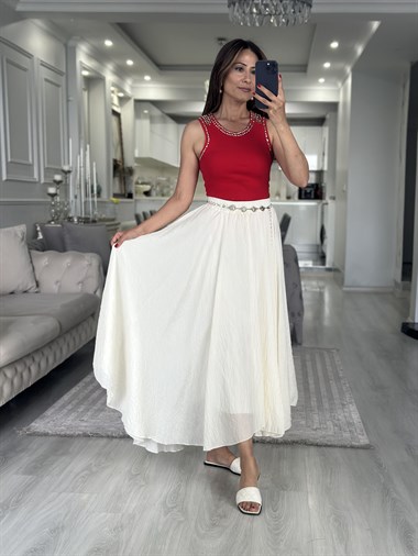 Krem Crushlı Beli Lastikli Asimetrik Kloş Kadın Etek