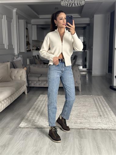 Krem Dik Yaka Çift Taraf Fermuarlı Triko Kadın Hırka