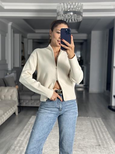 Krem Dik Yaka Çift Taraf Fermuarlı Triko Kadın Hırka
