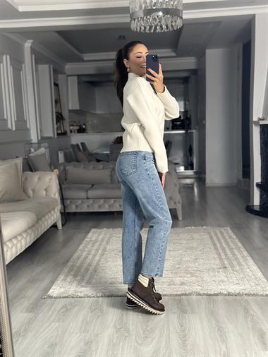 Krem Dik Yaka Çift Taraf Fermuarlı Triko Kadın Hırka