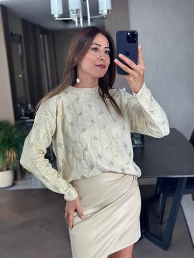 Krem Gold Varaklı Bisiklet Yaka Triko Kadın Kazak