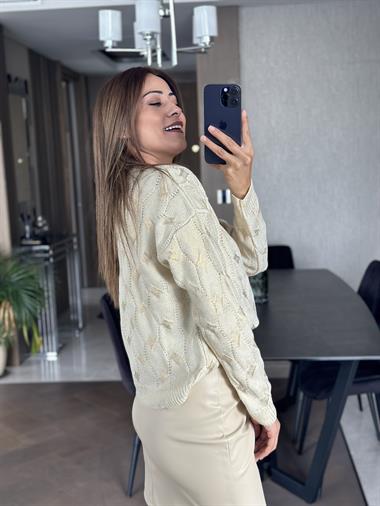 Krem Gold Varaklı Bisiklet Yaka Triko Kadın Kazak
