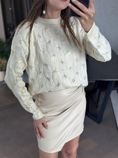 Krem Gold Varaklı Bisiklet Yaka Triko Kadın Kazak