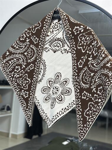 Krem Orta Kahve Desenli Üçgen Kadın Triko Şal